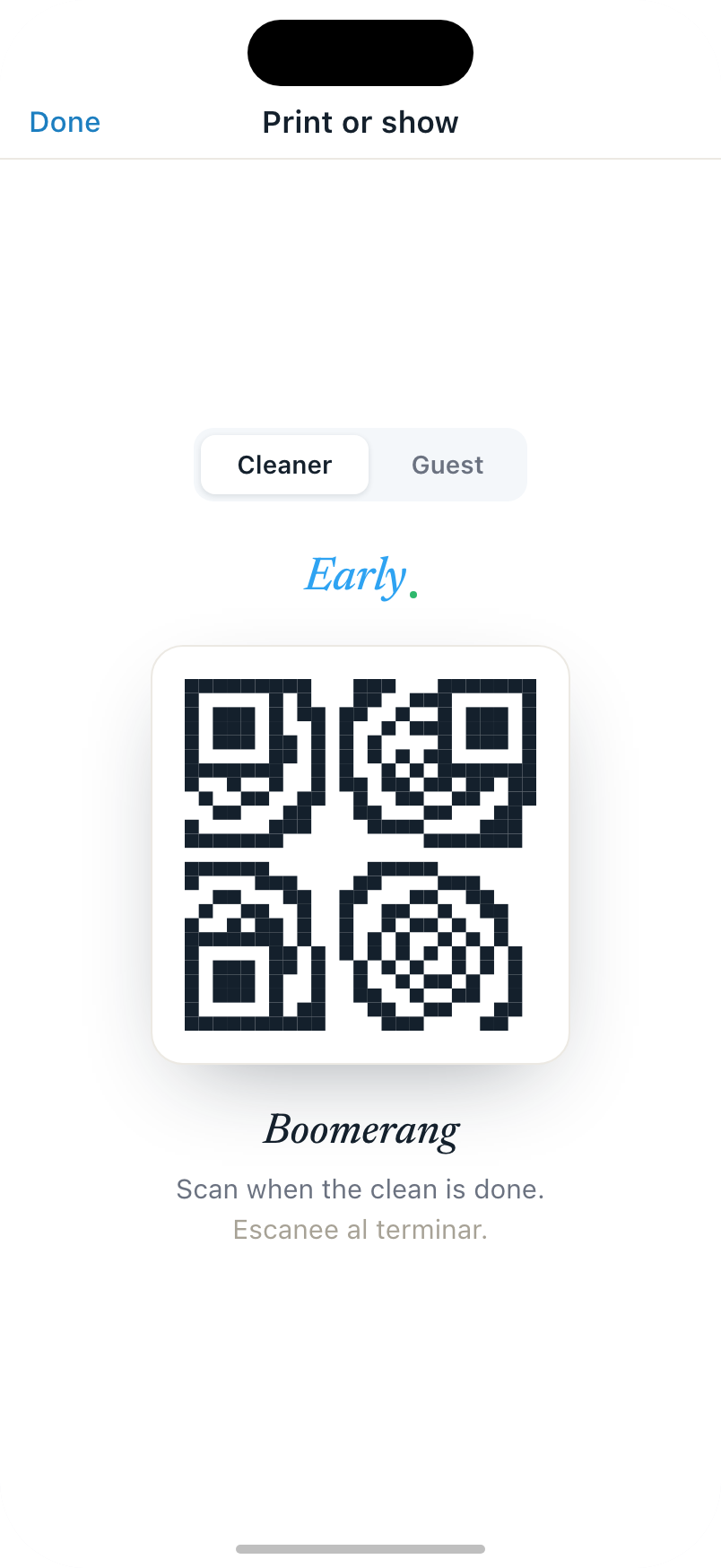 Early: the QR sticker the cleaner scans, in English and Spanish.